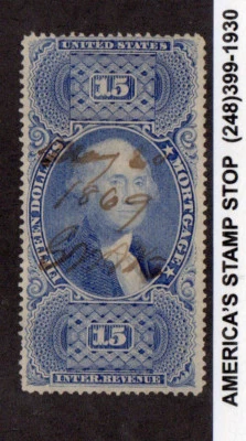 1869 US Revenue R97e Used, $15 Ultramarine, Mortgage - Deep Rich Color - Image 1 of 2