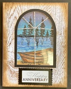 ANNIVERSARY - Boat, Lake through Window - handmade card BY DEE - Picture 1 of 4