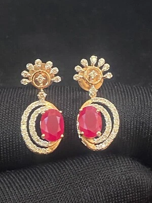 Pave 3.09 Carats Round Brilliant Diamonds Screw Ruby Dangle Earrings In 14K Gold - Image 1 of 4