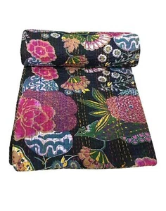 Indian Handmade Floral Print Queen Cotton Kantha Quilt Throw Blanket Bedspread - Picture 1 of 5