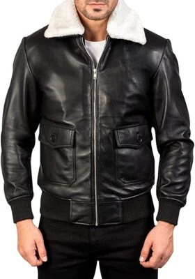 Mens A2 Bomber Genuine Leather Jacket Pilot Flight Aviator Air Force Black - Fur - Image 1 of 4