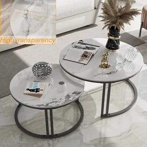 2xHigh Profile Round Nesting Marble Coffee Tables Set Sofa End Table Modern Deco - Picture 1 of 36