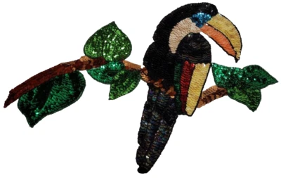 SEQUIN TOUCAN Large PATCH Multicolor  70s 80s BIG SIZE 16 in WIDE 13 " TALL  - Image 1 of 4