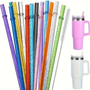 12Pcs Reusable Plastic Straws Glitter Drinking Straws for Stanley Cup With Brush - Picture 1 of 12