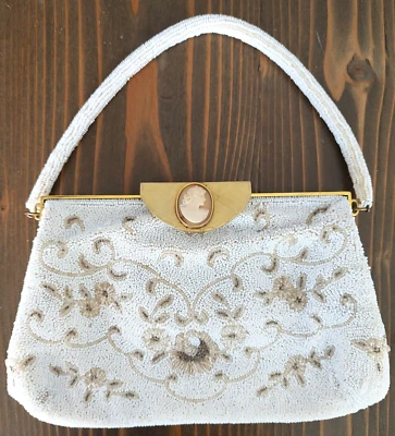 Vintage White Beige Beaded Cameo Clutch Purse Jorelle Bags France Handmade - Image 1 of 4
