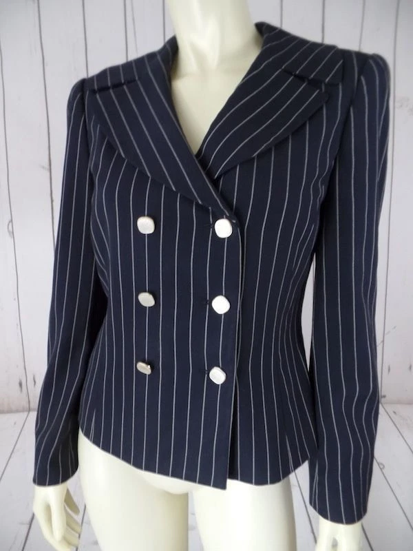 CARLISLE Blazer 4 Navy White Pinstripe Wool Gabardine Lined Double Breasted CHIC - Image 1 of 4