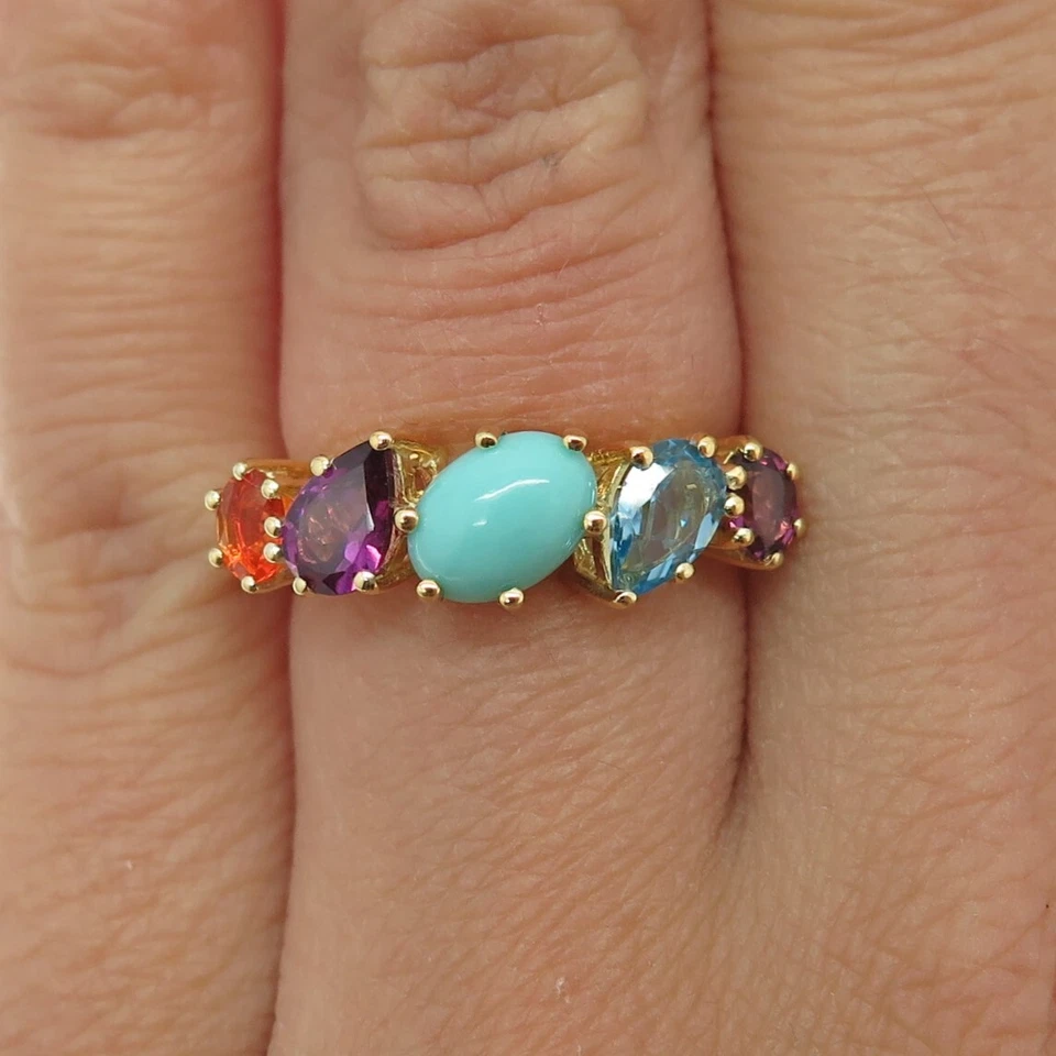925 Sterling Silver Gold Plated Turquoise Opal Topaz Tourmaline Ring Size 5.25 - Image 1 of 4