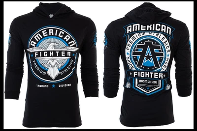 AMERICAN FIGHTER Negro Azul Blanco BROCKPORT Manga Larga Sudadera con Capucha Camiseta Nueva con Etiquetas Foto 1 de 4