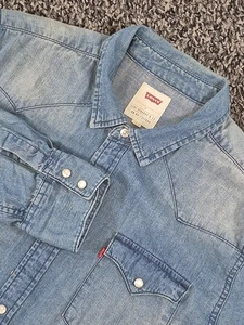 Levi Pearl Snap Denim Western Chambray Mens Large Blue Cotton Button Long Sleeve - Picture 1 of 8