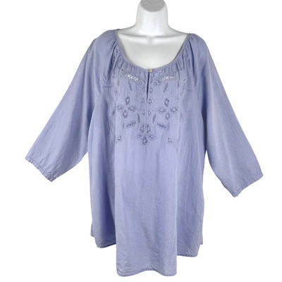 Top túnica campesina J. Jill 2X azul mezcla de lino manga 3/4 bordado nuevo con etiquetas TP-3612 Foto 1 de 4