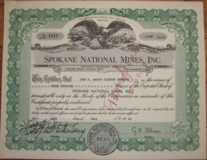Spokane National Mines, Inc. 1962 Mining Stock Certificate Nevada NV Nev - Picture 1 of 1