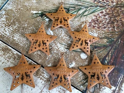 Set/6 Puffy Reindeer Heart Rusty Barn Stars Star 2.75" Metal Ornaments 70mm - Image 1 of 4