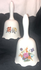 Vintage Pair of Ceramic Porcelain White Bells with Flowers Scalloped Bell Edge
