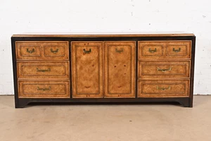 Hollywood Regency Chinoiserie Burl Wood and Ebonized Wood Dresser or Credenza - Picture 1 of 11