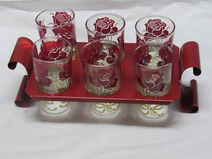 VINTAGE SET OF 6 ROSE FLOWER 1950'S DRINKING GLASSES IN CADDY - Picture 1 of 5