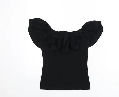 H&M Womens Black Cotton Blend T-Shirt Size S - Ruffle Detail - Image 1 of 4