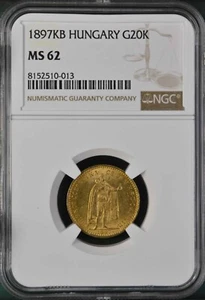 HUNGARY , GOLD 20 KORONA 1897 KB - NGC MS 62 , RARE1 - Picture 1 of 2