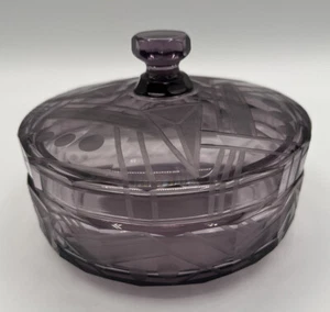 Vintage Crystal Art Deco Vanity Dish, Etched, Lidded, Purple - Picture 1 of 10