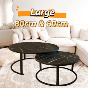 Set of 2 Coffee Table Round Nesting Side Table Black Large 80cm Marble Pattern - Picture 1 of 7