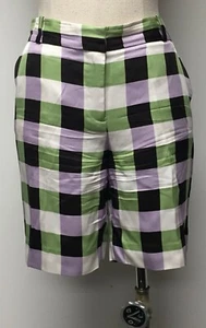 DIANE VON FURSTENBERG 8" INSEAM GREEN BROWN PURPLE PLAID BERMUDA SHORTS SIZE 12 - Picture 1 of 9