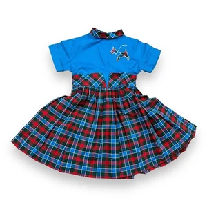 Vtg Scottie Dog Girls Dress 60s 70s Handmade Red Blue Green Plaid 19” W X 20” L - Picture 1 of 11