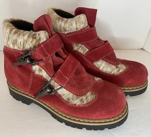 Martino of Canada Leather & Fur Alpine Buckle Snow Hiking Boots Red Suede 38/8.5 - Picture 1 of 7