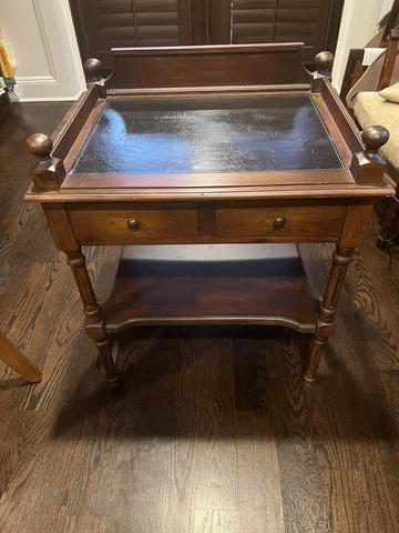 Vtg Leather Top Accent Table with 2 Drawers & Bottom Shelf Cover