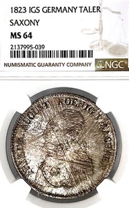 German States Saxony 1823 IGS Taler Coin NGC MS 64 F.STG/STG Thaler UNC TOP POP - Picture 1 of 3