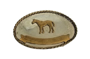 Vtg Standing Horse German Silver Trophy Belt Buckle 3” Silver & Gold Toned Oval - Picture 1 of 3