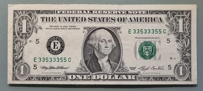 1993 One Dollar Federal Reserve Note $1 FANCY SERIAL NUMBER E33533355C #96357 - Image 1 of 2