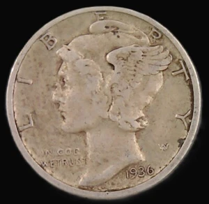1936 P Mercury Dime - 90% Argento - Moneta circolata USA - Foto 1 di 2