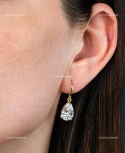 14K Solid Gold Pear Diamond Hook Prong Art Deco Dangling Ethnic Earrings Jewelry - Picture 1 of 16