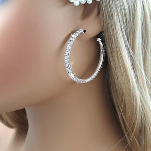 7 sizes 25 - 105mm Women's Fully Iced Cubic Zirconia Silver Huggie Hoop Earrings - Picture 1 of 18