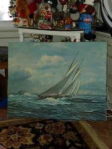 JOHANNES HOLST Vintage 1959 Offsetdruck Gemälde auf Leinwand - Segelboot im Wind - Bild 1 von 12