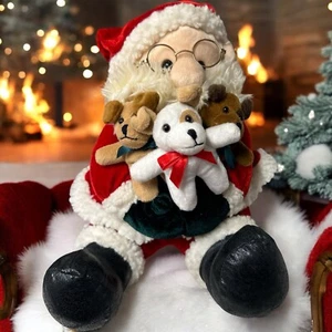 Vintage Santa with Puppies Christmas Plush Velour Suit Glasses Fiesta 14 in - Picture 1 of 9