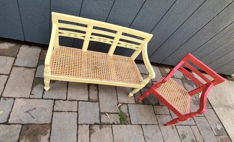 Antique Cane Bottom Chair, Loveseat, and Table.  Carved Backs. Child Size Cover