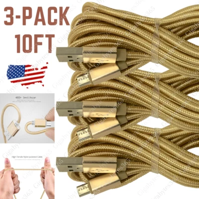 3 Pack Micro USB Cable Fast Charger Data Cord 10FT Long For Samsung Android LG - Image 1 of 4