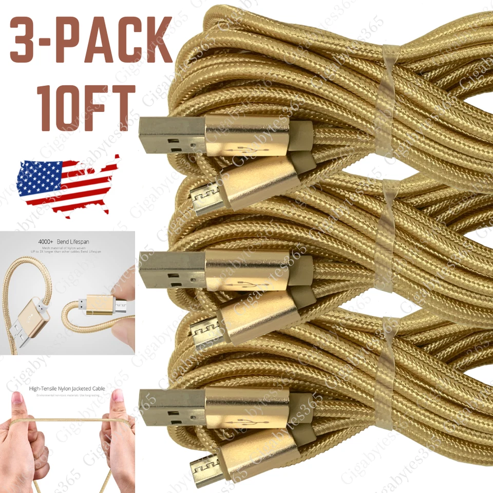 Paquete de 3 cables micro USB carga rápida cable de datos de 10 pies de largo para Samsung Android LG Foto 1 de 4