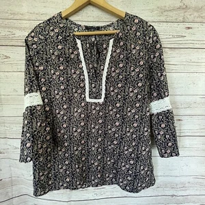 WOMENS L TOMMY HILFIGER 100% COTTON 3/4 SLEEVE FLORAL KEYHOLE LACE DETAIL BLOUSE - Picture 1 of 8