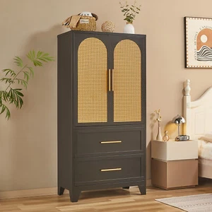 65" Steel Armoire Wardrobe Closet 2 Drawer Door Rattan Clothing Storage Cabinet  - Picture 1 of 9