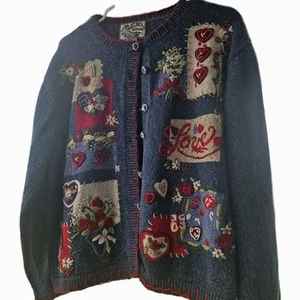 Heirloom Collectibles Sweater Cardigan Size xl Love Hearts Retro Vintage Blue - Picture 1 of 11