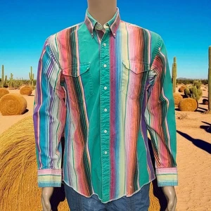 Vtg 90s Wrangler Cowboy Cut Distressed Shirt sz 16.5/34 - Multi Striped Colorful - Picture 1 of 10