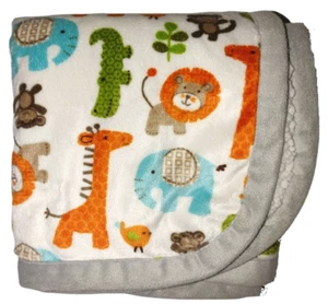 Sunshine Jungle Baby Blanket White Sherpa Gray Giraffe Elephant Monkey Bird Lion - Picture 1 of 3