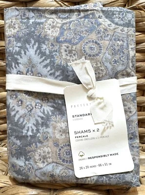 Set/2 Pottery Barn Cora Medallion Organic Percale Shams STANDARD Blue Farmhouse - Image 1 of 4