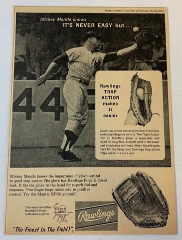 1963 Rawlings baseball glove ad ~ MICKEY MANTLE NY Yankees ~ It's Never Easy Cover