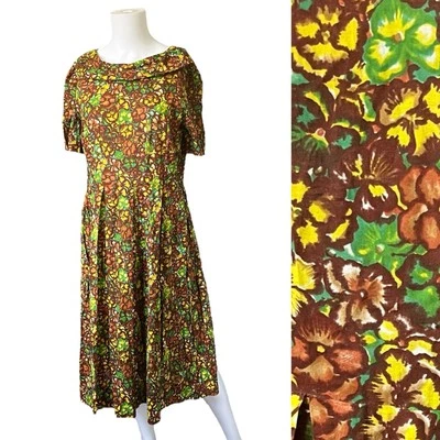 复古轻便花卉印花连衣裙 Earth Tone 50 年代 60 年代 Mod Gogo 多彩 — 第 1/4 张图片