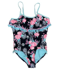 Girl’s Black, Teal & Pink Roses Tassels One Piece Swim Suit - Size7/8 - Picture 1 of 4