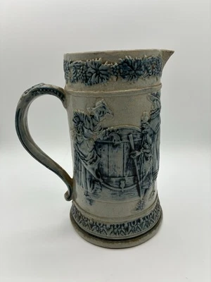 Primitive Whites Utica Stoneware Pitcher Blue White Tavern Scene Flemish Ware 9" - Image 1 of 4