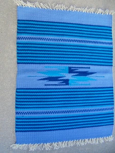 ORTEGA'S CHIMAYO TEPPICH NEU MEXIKO Blau Handgewebt Wolle Indianer mit Fransen - Bild 1 von 5