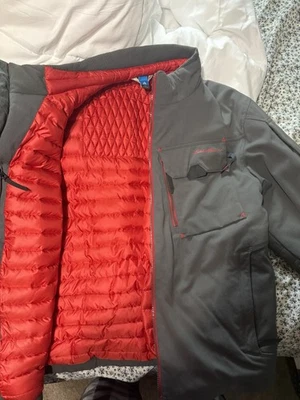 grey Eddie Bauer First Ascent Mountain Ops Down Jacket with a red interior, L - Image 1 of 4